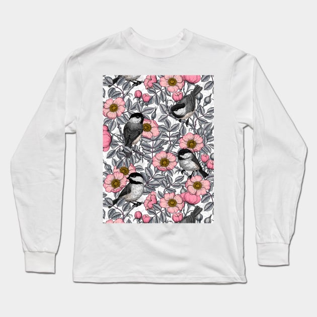 Chickadees in the wild rose, pink and gray Long Sleeve T-Shirt by katerinamk